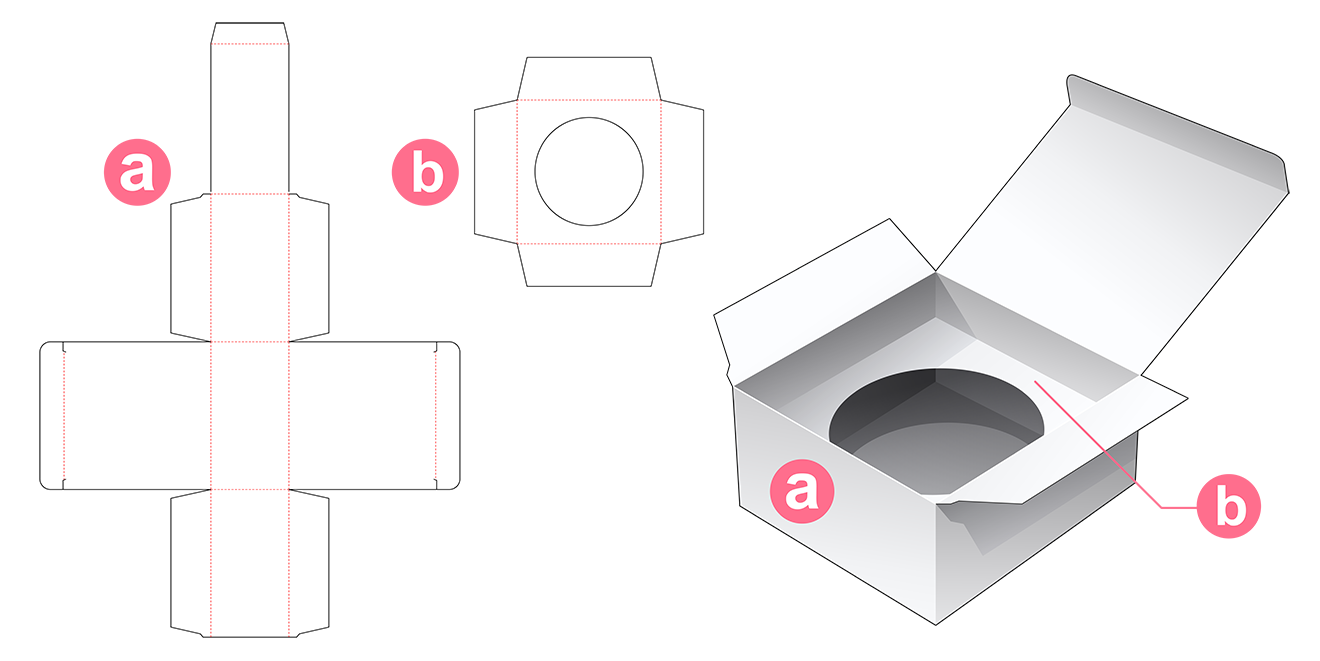 Illustration of a box dieline with red cutouts labeled "a" and "b," alongside a 3D representation of the assembled box with internal compartments highlighted.